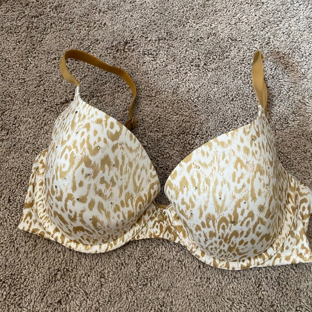 Victorias Secret Gold Rhinestone cheetah leopard print Y2k 34D Lined Demi Bra